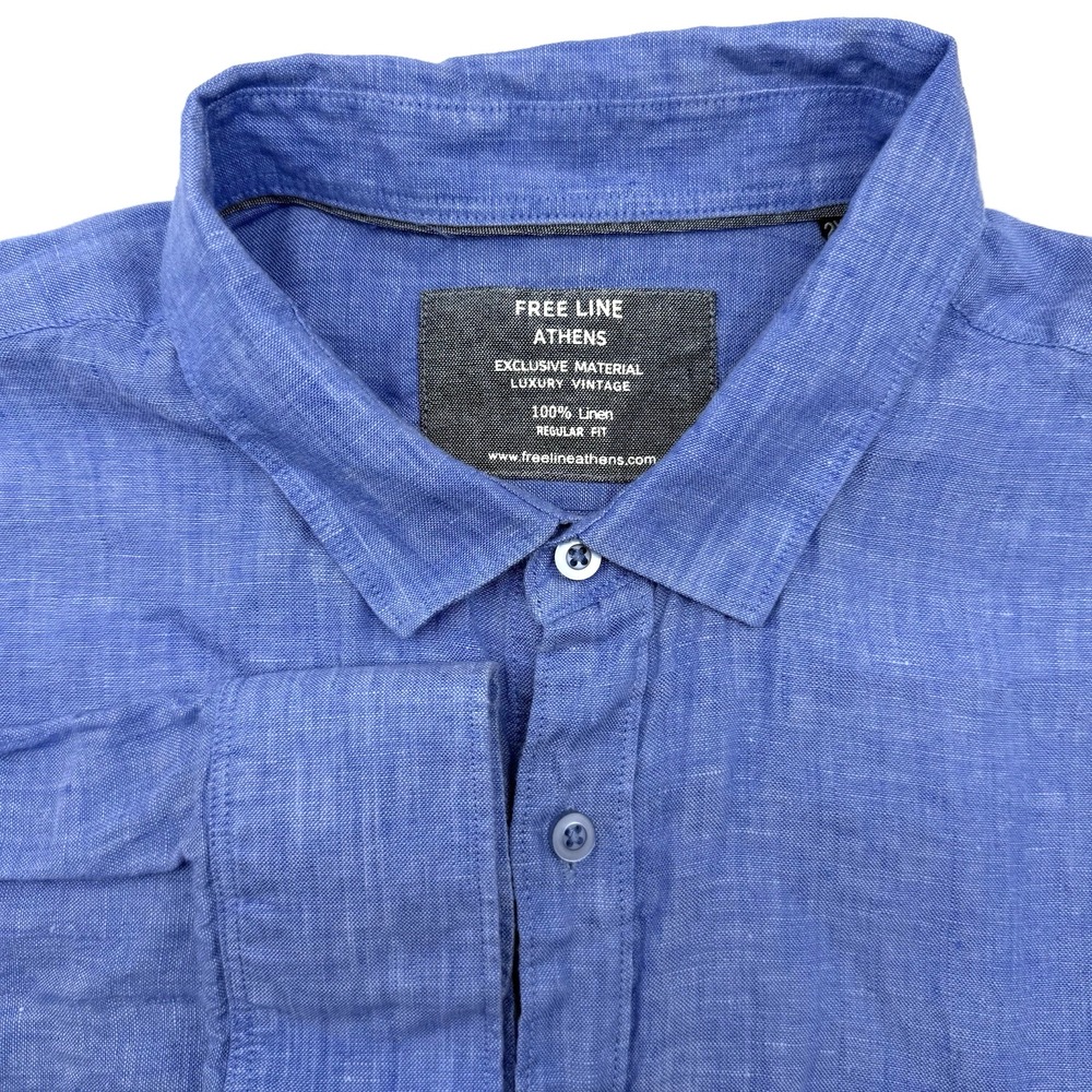 Free Line Athens Shirt Mens 2XL Blue 100% Linen Regular Fit Luxury Vintage LS